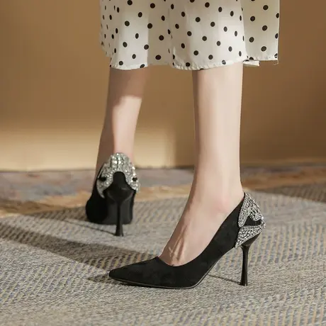 尖头单鞋女2023年春季新款性感宴会水钻高跟鞋细跟性感黑色职业鞋商品大图