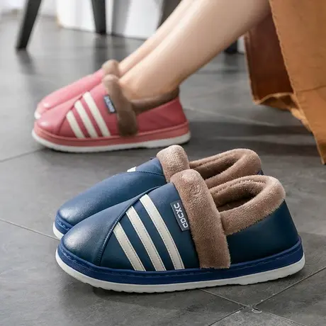 pu皮防水包跟棉拖鞋女秋冬季新款情侣居家室内防滑加绒保暖棉鞋男商品大图