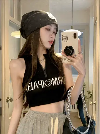 美式辣妹字母印花拉链背心女款夏独特甜酷性感抹胸短款吊带上衣服商品大图
