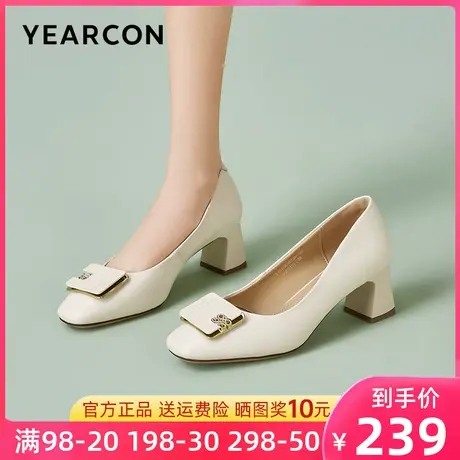 意尔康女鞋2024新款真皮高跟鞋女方头浅口粗跟单鞋方扣工作鞋软底图片