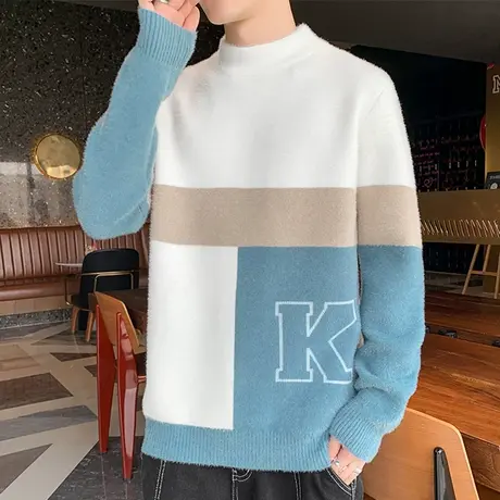 半高领软糯毛衣男冬季针织衫男潮牌撞色打底衫加厚保暖内搭毛线衣商品大图