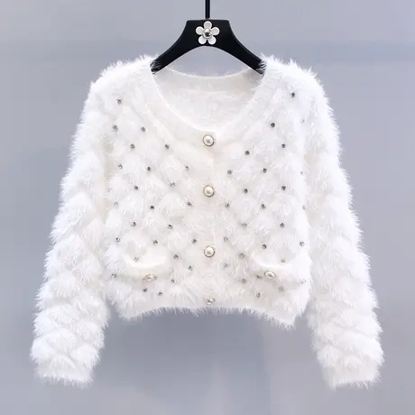 小香风钉珠水貂绒毛衣外套女秋冬2023新款高级感温柔短款针织开衫图片