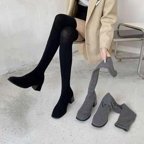 弹力袜子靴女2022年秋冬新款百搭长筒针织过膝粗跟瘦瘦靴高筒靴女图片