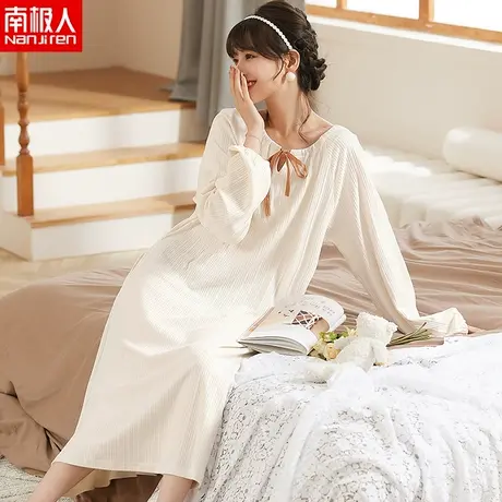 南极人休闲睡裙春秋款长袖韩系简约少女风家居服宽松睡衣女可外穿商品大图