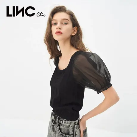 LINC金羽杰针织衫女2023秋季新款复古宫廷泡泡袖轻薄女款毛衣正品商品大图