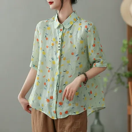 dza 复古印花苎麻衬衫女2023夏薄款短袖衬衣漂亮显瘦棉麻开衫上衣图片