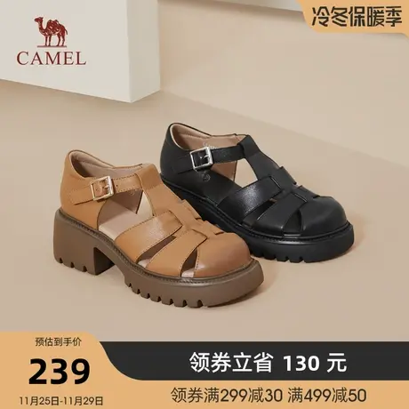 骆驼女鞋2023新款春夏猪笼鞋经典厚底粗跟包头凉鞋女真皮罗马凉鞋图片