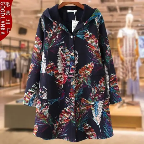 加肥加大码女中老年加绒风衣2022年秋冬装中年妈妈连帽中长款外套商品大图