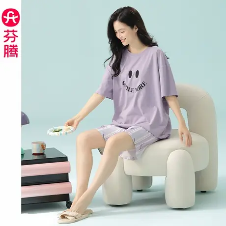 芬腾纯棉睡衣女士夏季薄款短袖短裤套装可外穿休闲大码夏天家居服商品大图