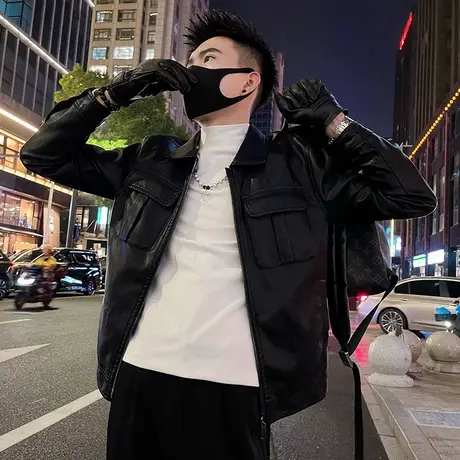 皮衣外套男春秋季2023新款潮流个性高级感口袋炸街机车上衣皮夹克商品大图