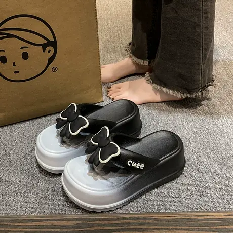 松糕厚底人字拖女夏季可爱蝴蝶结渐变增高防滑沙滩外穿夹脚凉拖鞋商品大图