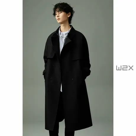 w2x2024春秋季新款翻领男士双排扣风衣中长款高级感大衣战壕外套商品大图