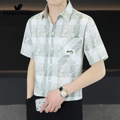 富贵鸟格子短袖衬衫男士商务免烫上衣服夏季新款休闲衬衣男装外套商品大图