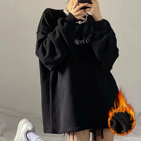 大码宽松秋冬加绒卫衣女oversize设计感小众黑色港风复古chic上衣商品大图