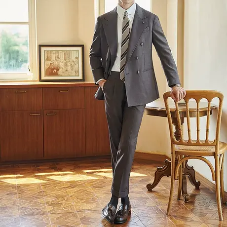 意式戗驳领绅士双排扣西服男秋冬垂感风衣外套高级感英伦风套装潮图片