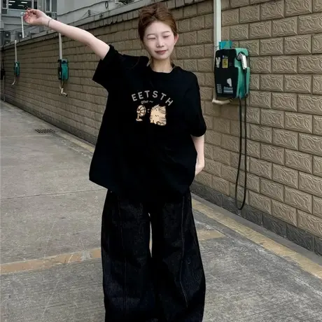 港味古着大码遮肚子宽松T恤短袖女国潮半袖chic黑上衣甜辣体恤衫商品大图