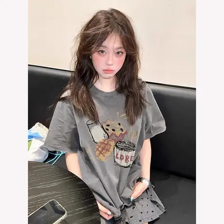 大码胖mm趣味灰色正肩短袖T恤女美式复古半袖chic爆款减龄上衣ins商品大图
