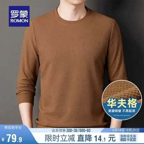 【华夫格】罗蒙男士纯色长袖百搭T恤2023秋季时尚休闲圆领上衣男图片
