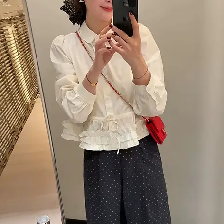 韩系甜美白色娃娃领衬衫女2025春秋新款短款显瘦百搭减龄长袖上衣图片