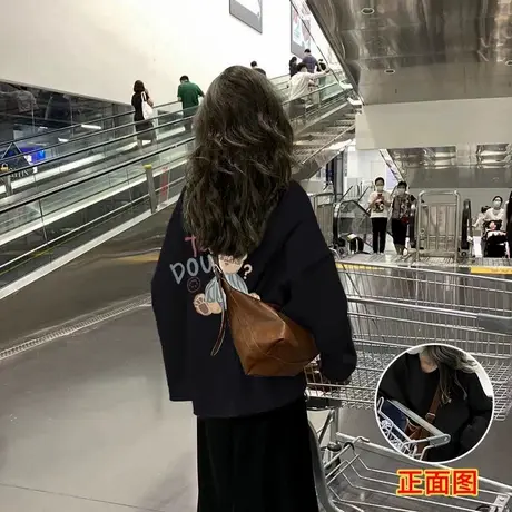 美式黑色薄款卫衣女宽松2025新款爆款圆领小个子加绒印花卡通上衣商品大图