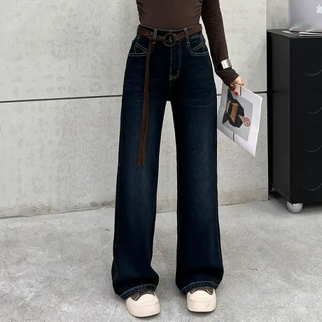 拉夏贝尔窄版阔腿牛仔裤女2025秋季新款直筒裤显瘦复古牛仔裤商品大图