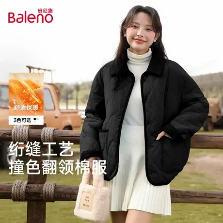 班尼路棉服秋冬季翻领设计感保暖加绒黑色外套独特好看韩范女装Q商品大图