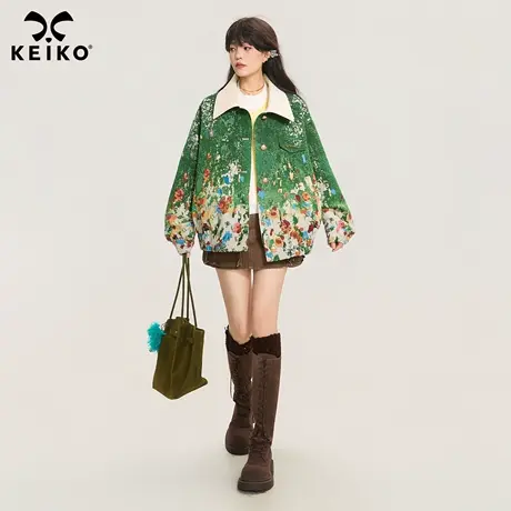 KEIKO 艺术感碎花提花短外套女2025秋季复古廓形皮质拼接翻领夹克商品大图