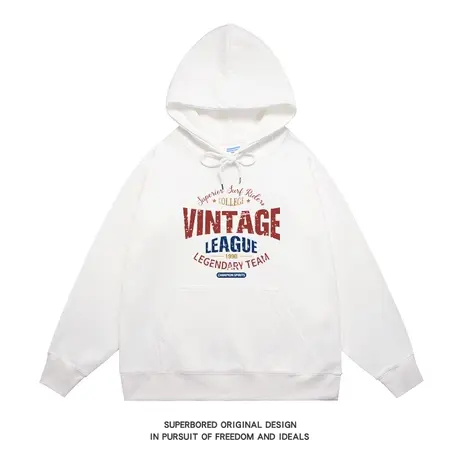 美式复古连帽卫衣男秋季简约字母印花情侣上衣宽松大码套头帽衫潮商品大图