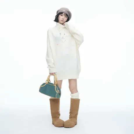 美式潮牌卡通印花高领毛衣女秋冬新款简约宽松慵懒风情侣款针织衫商品大图