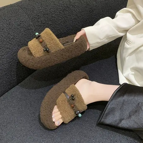 小众设计感厚底棉拖鞋女外穿2025秋冬新款复古法式编织加绒毛毛拖商品大图