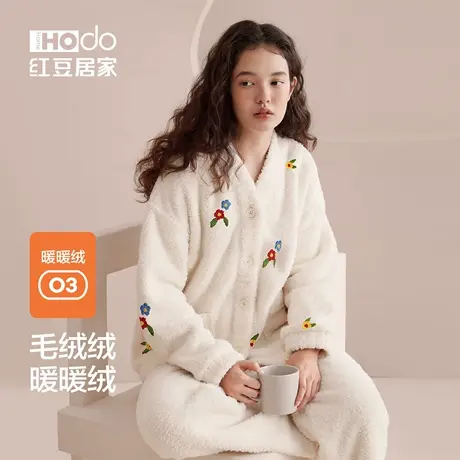 红豆居家女士桂花绒衣可外穿开衫外套加厚珊瑚绒保暖家居服套装冬商品大图