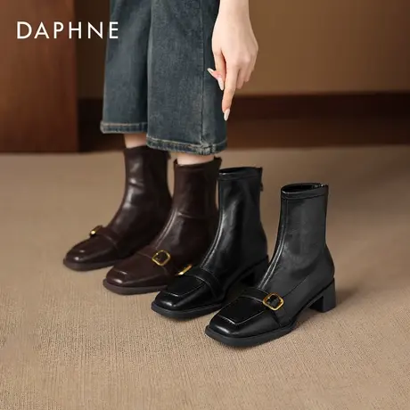 达芙妮方头棕色瘦瘦小短靴2026新款秋冬季加绒女款皮靴子马丁女靴图片