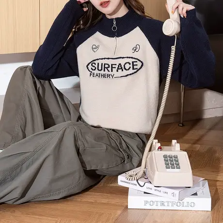 唐狮秋冬新款女毛衣美式休闲风针织毛衣拼色设计套头酷潮tu图片