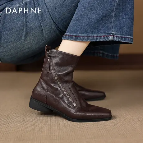 达芙妮棕色小短靴2026新款秋冬季方头瘦瘦加绒女款马丁女靴子皮靴商品大图