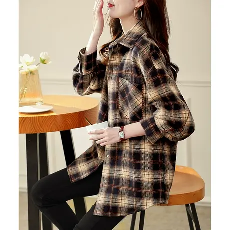 宝诗黎宽松格子中长款衬衫外套女秋新款复古长袖2023休闲韩版上衣商品大图