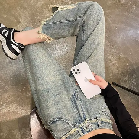 直筒窄版牛仔裤女夏季薄款不规则毛边复古高腰显瘦九分烟管阔腿裤商品大图