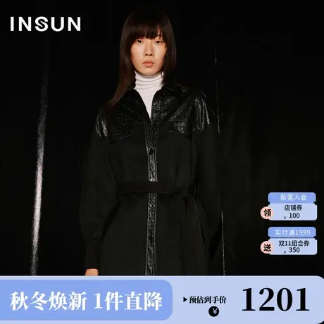 恩裳COVER2023冬装新款美式复古廓形拼接感收腰落肩袖麂皮绒外套商品大图