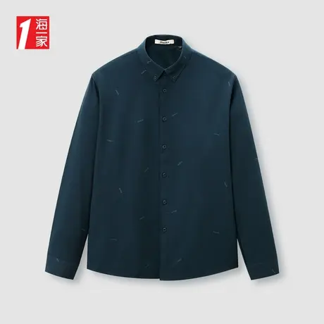 海一家时尚花纹长衬2023冬季新款扣领尖领中年男士长袖保暖衬衫商品大图