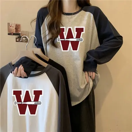 美式复古撞色T恤长袖女秋冬宽松内搭德绒打底衫加绒插肩袖上衣潮图片