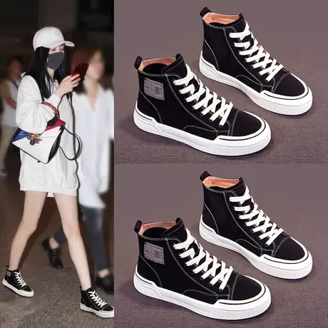 厚底帆布小白鞋女鞋秋季2023新款百搭帆布鞋运动鞋高帮鞋平底板鞋商品大图