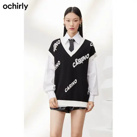 【七七酱专享】欧时力学院风针织背心无袖上衣字母英伦风新秋冬商品大图