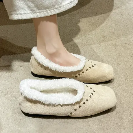 复古绒面豆豆鞋女冬加绒2023新款仙女风法式气质平底一脚蹬棉鞋子商品大图