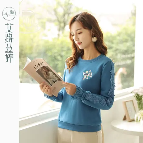 艾路丝婷刺绣加绒卫衣女2021秋冬新款韩版圆领打底衫花边宽松上衣图片