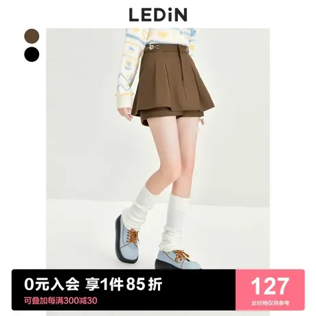 乐町小花装饰高腰裙裤2022秋冬卡其色设计感休闲短裤女外穿商品大图