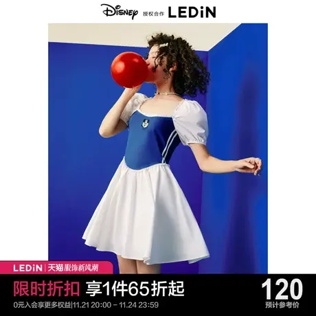 【迪士尼联名】乐町米奇复古连衣裙2023夏季新款拼色收腰白色裙子图片