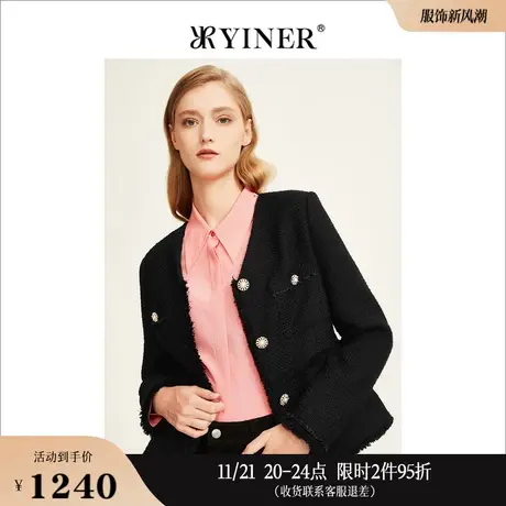 YINER音儿女装冬摩登小香风粗花呢毛须边短外套图片