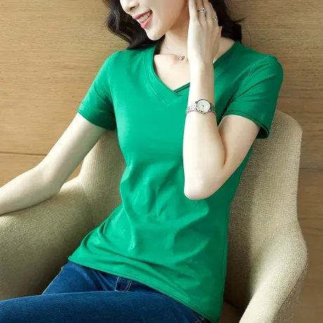 雀后t恤女短袖纯色半袖韩版体恤新款v领宽松百搭休闲打底白色潮图片
