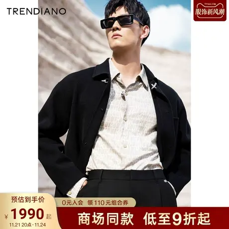TRENDIANO官方金属勾扣绵羊毛微阔呢料夹克外套2023新款秋季图片