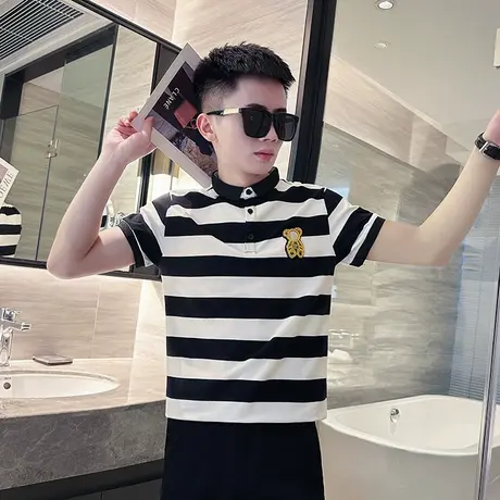 2023新款夏季条纹修身刺绣时尚帅气短袖T恤潮牌穿搭POLO衫INS体恤商品大图