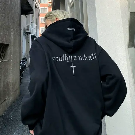 春季2024新款连帽卫衣男简约ins宽松潮流字母刺绣套头休闲上衣服商品大图